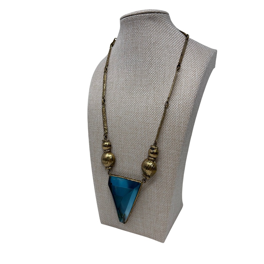 Vintage IXEL Brutalist Brass Blue Glass Triangle Pendant Statement Necklace